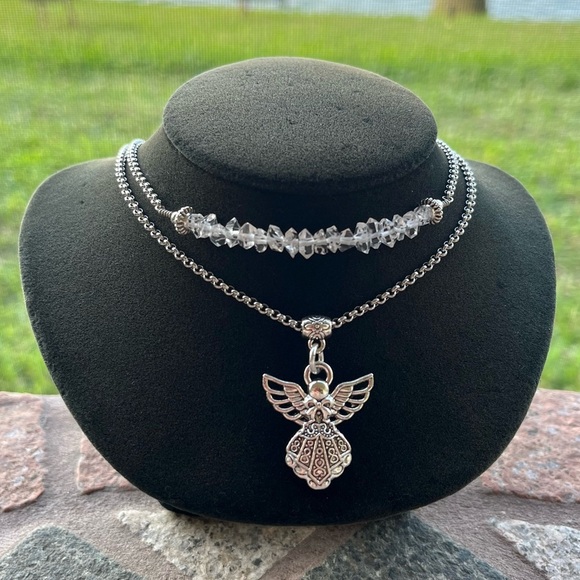 Genuine herkimer diamonds crystal double layer stainless steel angel necklace - Picture 9 of 13